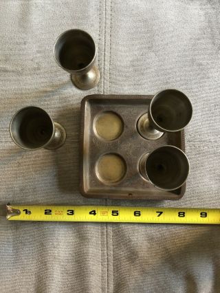 Vintage Metal Tray & 4 Matching Metal Mini Goblets Lemoncello / Port