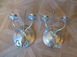 2 Vintage Home Interiors Metal 2 Arm Wall Sconces Silver Metallic Paint 10 " Tall