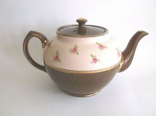 Vintage Sadler Staffordshire England Teapot Brown And Pink Roses Gold Gilt Trim