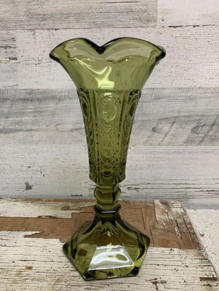 Vintage Art Deco Green Glass Footed Ruffled Vase 23472