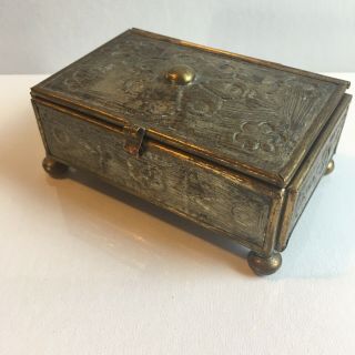 Mexico Punched Hammered Tin Brass Trinket Box Mirrored