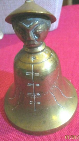 Vintage Old China Brass Bell Figural Shaped Oriental Frowning Man With Hat Detai