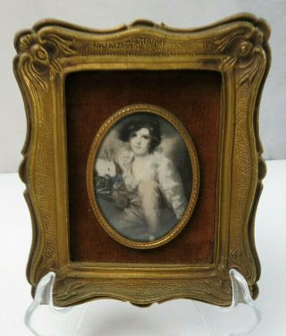 Vintage Miniature Portrait Boy With Rabbit Victorian Boudoir Cameo Wood Frame