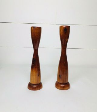 Vintage Set Of (2) Wooden Tall Candle Holders Brown