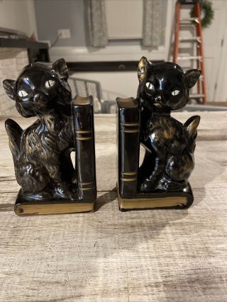 Vintage Ceramic Black Cat Bookends,  1950s Japan Approx 5 - /12” Tall
