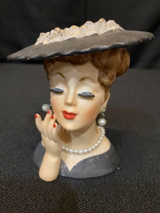 Vintage Napco Lady Head Vase 1958 Japan C3343a Black Hat And Faux Pearl Necklace