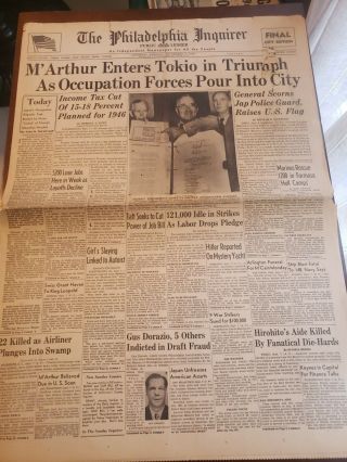 Vintage Newspaper,  The Philadelphia Inquirer Mcarthur Enters Tokio In Triumph