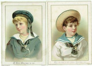 B Ollendorff 2 X Victorian Christmas Greetings Cards Boy & Girl In Sailor Suits