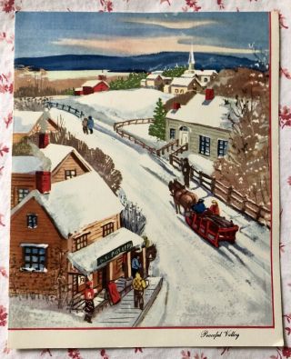 Vintage “peaceful Valley” Christmas Card Horse Snow Sleigh Village Town