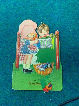 Vintage Valentines Day Card Mechanical Girl At Clothes Line
