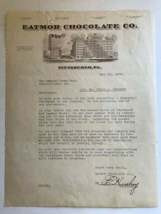2 Historic Letters Eatmor Chocolate Co. ,  Pittsburgh,  Pa,  E.  E.  Hershey/h.  M.  Kidner