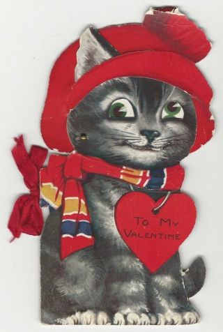 1928 Mechanical Valentine Black / Grey Cat Holiday Card With Storybook