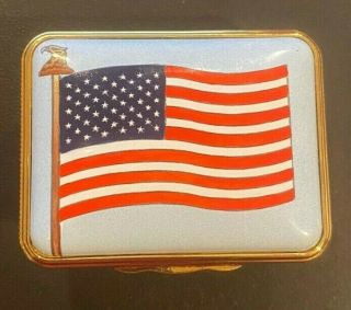 Halcyon Days Enamel Box American Flag With " God Bless America " Inside