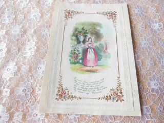 Victorian Paper Lace Valentine Card/lady Standing In Garden