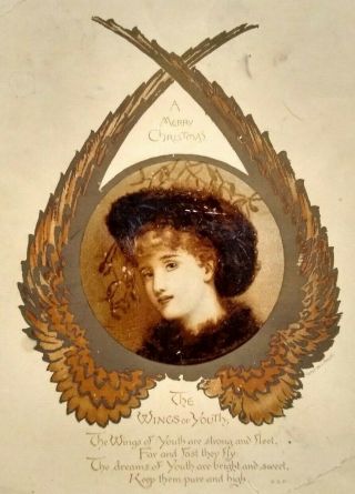 1880s Victorian Christmas Greeting Card The Wings Of Youth Poem