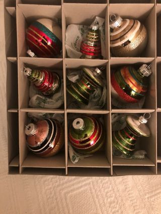 Christopher Radko Shiny Brite Set Of 9 Striped Christmas Ornaments