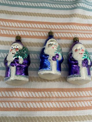 Christopher Radko Set Of 3 Santa Ornaments Blown Glass Purple Blue Christmas