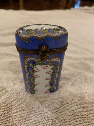 Limoges Peint Main France Trinket Box Blue Floral Tall Box