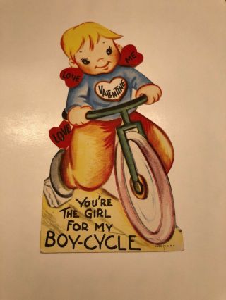Vintage Usa Valentine Card You’re The Girl For My Boy - Cycle Boy On Bike 1940’s