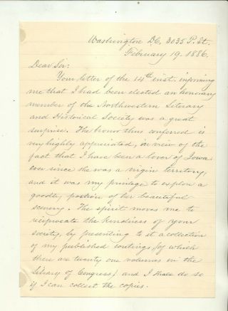 1886 Letter From Charles Lanman Washington Dc To Benjamin Austin Sioux City Iowa