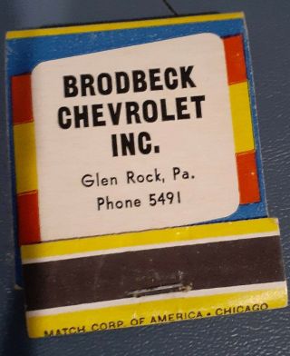 1958 Chevrolet Dealer Matchbook 20 Strike Brodbeck Chevrolet Inc Glen Rock Pa.
