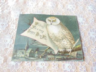 Victorian Year Card/owl On Tree Branch/lit Town In Background
