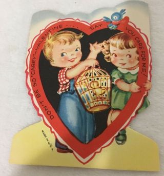 Vintage Valentines Day Card Boy Girl Birdcage Don 