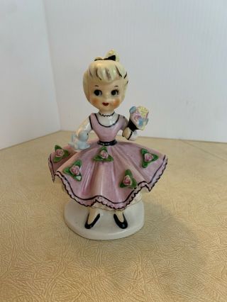 Vintage Napco Style Made In Japan Figurine Girl Holding Boquet Pink Porcelin