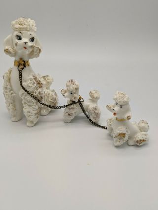 Vintage Japan White Spaghetti Poodle With 2 Puppies On Chain