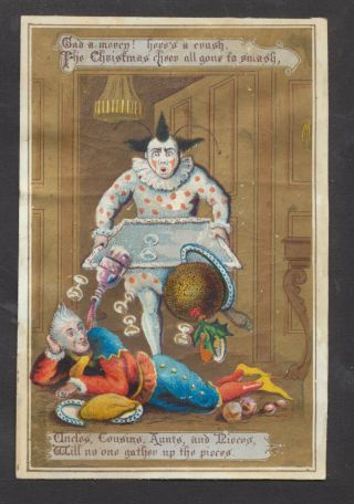 C219 Victorian Xmas Card: Clowns & Pudding,  1870s