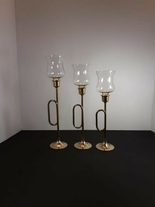 Vintage Set Of 3 Solid Brass Graduating Bugle Candle Holders