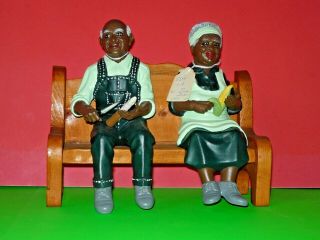 Vintage Bisque Porcelain Elderly African American Couple On Wooden Bench