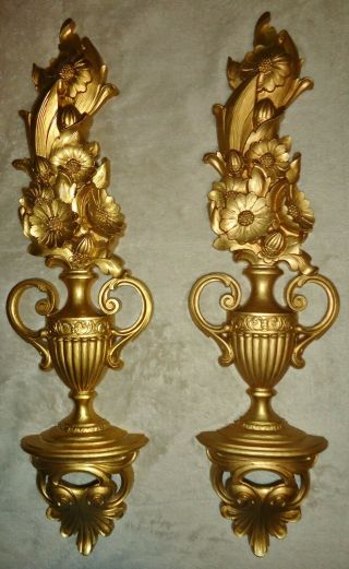 Vintage 1970 Syroco Ornate Gold Floral Urn Wall Plaques Pair Hollywood Regency