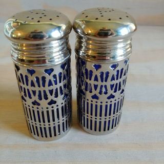 Godinger Vintage Cobalt Blue Glass Silver Plate Filigree Salt And Pepper Shakers