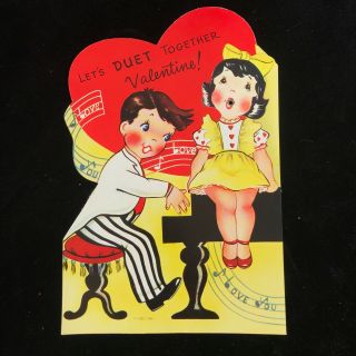 Vintage 50s Valentines Day Mechanical Boy Girl Duet Singing Large Card