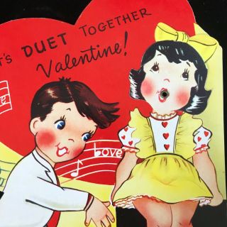 Vintage 50s Valentines Day Mechanical Boy Girl Duet Singing LARGE Card 2
