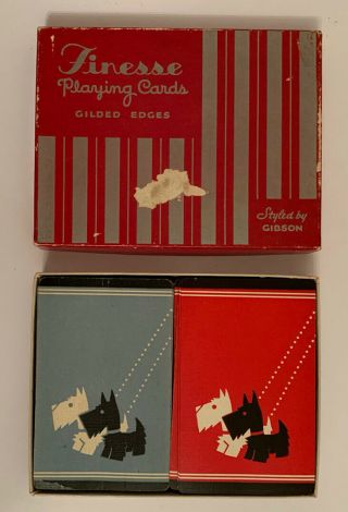 Vintage Finesse Gibson Bridge Playing Cards 2 Decks Box Complete Scottie Dogs