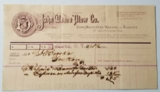 1896 Billhead Kansas City Missouri John Deere Plow Company 16 El Reno Oklahoma