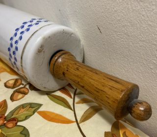 Vintage CERAMIC ROLLING PIN Blue and White COUNTRY Deer Track/ Nuts Design 3