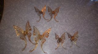 Vintage Brass And Wood Butterflies Wall Decor - Set Of 6