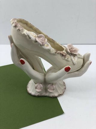 Vintage Ladies Lady Double Hand Vase Shoe Pink Roses Ceramic Japan