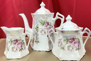Vintage 3 Piece Porcelain Tea Set Garden Roses Germany Pot Sugar Bowl Creamer