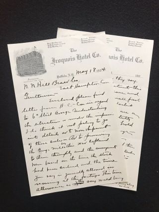 Antique 1904 Buffalo York Iroquois Hotel Letter With Graphic Letter Head