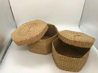 2 Piece Vintage Tightly Woven Sweet Grass Nesting/stacking 6 - Sided Baskets &lids