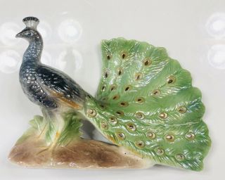 8” Iridescent Glazed Porcelain Peacock Figurine - Gold Accents Green/grey Mold Vtg