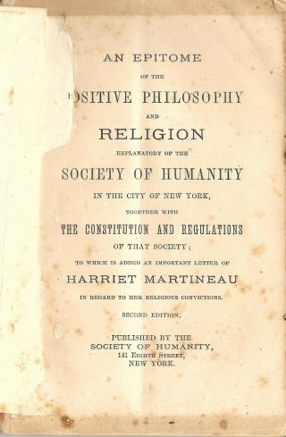 York City Society Of Humanity 1877 Philosophy Sociology Harriet Martineau