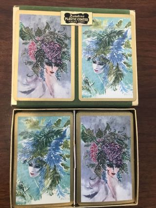 Vintage Duratone Double Deck Plastic Coated Playing Cards Lady Fruit Hat