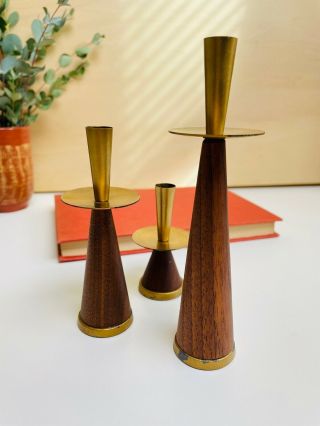 Set 3 Mid Century Modern Candlestick Holders Painted Metal,  Brass And Teak Wood