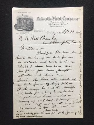 Antique 1905 Buffalo York Lafayette Hotel Co Letter With Graphic Letter Head