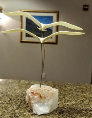Two Sea Gulls Mounted Figurine On Wires - Mounted On A Rock - 6 " Tall